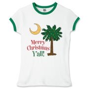 Merry Christmas Y'all Palmetto Moon shirts, apparel and gifts. Celebrate Christmas in South Carolina with this festive design.