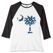 Blue Polka Dot Palmetto Moon Women's Fitted Baseball Tee features a blue palmetto moon with white polka dots and is a fun variation on the South Carolina flag palmetto logo.