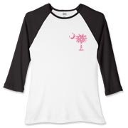 Pink Polka Dot Palmetto Moon Women's Fitted Baseball Tee features a small pink palmetto moon with white polka dots printed in the pocket area.