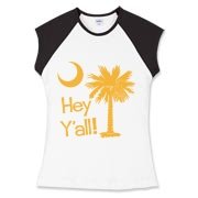 Say hello with the Yellow Hey Y'all Palmetto Moon Women's Fitted Cap Sleeve Tee. It features the South Carolina palmetto moon.