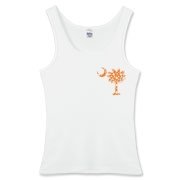 Orange Polka Dot Palmetto Moon Women's Fitted Tank Top features a small orange palmetto moon with white polka dots printed in the pocket area.