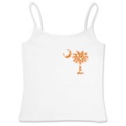 Orange Polka Dot Palmetto Moon Women's Fitted Camisole Tank features a small orange palmetto moon with white polka dots printed in the pocket area.