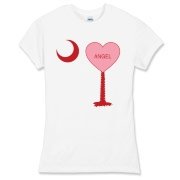 A Candy Heart Palmetto Moon for an Angel! Perfect for Valentine's Day, it features a pink candy heart on the South Carolina Palmetto Moon with Angel.