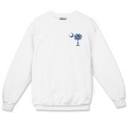 Blue Polka Dots South Cackalacky Deluxe Crewneck Sweatshirt feature the polka dot South Carolina palmetto moon logo in blue on the back and a smaller, matching palmetto moon on the front.