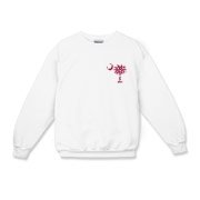 Garnet and Black Polka Dots South Cackalacky Deluxe Kids Crewneck Sweatshirt feature the polka dot South Carolina palmetto moon logo in garnet and black on the back and a smaller, matching palmetto moon on the front.