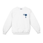 The deluxe Palmetto Moon Flag Kids Crewneck Sweatshirt features a small palmetto moon in the front pocket area and the South Carolina Flag design on the back.