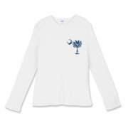 Blue Polka Dots South Cackalacky Deluxe Women's Fitted Baby Rib Long Sleeve Tee feature the polka dot South Carolina palmetto moon logo in blue on the back and a smaller, matching palmetto moon on the front.