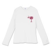 Garnet and Black Polka Dots South Cackalacky Deluxe Women's Fitted Baby Rib Long Sleeve Tee feature the polka dot South Carolina palmetto moon logo in garnet and black on the back and a smaller, matching palmetto moon on the front.