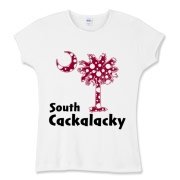 Garnet and Black Polka Dots South Cackalacky Palmetto Moon Women's Fitted Baby Rib Tee features a Polka Dot South Carolina palmetto moon logo in garnet.