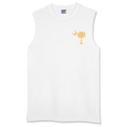 Yellow Polka Dots South Cackalacky Deluxe Sleeveless T-Shirt feature the polka dot South Carolina palmetto moon logo in yellow on the back and a smaller, matching palmetto moon on the front.