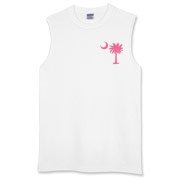 A pink palmetto and crescent moon. The palmetto is a symbol of South Carolina pride. Buy the pink palmetto moon printed in the pocket area of a t-shirt, sweatshirt, or other apparel item.