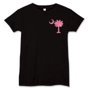 A pink palmetto and crescent moon. The palmetto is a symbol of South Carolina pride. Buy the pink palmetto moon printed in the pocket area of a t-shirt, sweatshirt, or other apparel item.