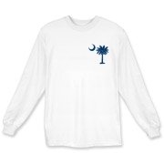 The tradtional blue palmetto and crescent moon design is a symbol of South Carolina pride. Buy the traditional blue palmetto moon printed on the pocket area of a t-shirt, sweatshirt, or other clothing item.