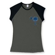 Buy a Blue Palmetto Moon Women's Fitted Cap Sleeve Tee featuring a smaller palmetto printed on the left chest area. The palmetto moon is a symbol of South Carolina pride.