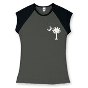 Buy a White Carolina Girl Deluxe Women's Fitted Cap Sleeve Tee. This two-sided design features a small palmetto moon printed on the front left chest area and matching Carolina Girl palmetto design on the back. The palmetto moon is a symbol of South Caroli