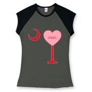 A Candy Heart Palmetto Moon Women's Fitted Cap Sleeve Tee for an Angel! Perfect for Valentine's Day, it features a pink candy heart on the South Carolina Palmetto Moon with Angel.
