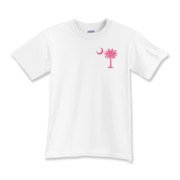 A pink palmetto and crescent moon. The palmetto is a symbol of South Carolina pride. Buy the pink palmetto moon printed in the pocket area of a t-shirt, sweatshirt, or other apparel item.