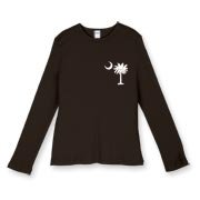 Buy a White Carolina Girl Deluxe Women's Fitted Baby Rib Long Sleeve Tee. This two-sided design features a small palmetto moon printed on the front left chest area and matching Carolina Girl palmetto design on the back. The palmetto moon is a symbol of So