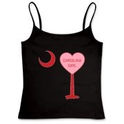 A Candy Heart Palmetto Moon Women's Fitted Camisole Tank for a Carolina Girl! Perfect for Valentine's Day, it features a pink candy heart on the South Carolina Palmetto Moon with Carolina Girl.