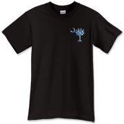 Blue Polka Dots South Cackalacky Deluxe T-Shirt feature the polka dot South Carolina palmetto moon logo in blue on the back and a smaller, matching palmetto moon on the front.