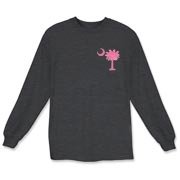 A pink palmetto and crescent moon. The palmetto is a symbol of South Carolina pride. Buy the pink palmetto moon printed in the pocket area of a t-shirt, sweatshirt, or other apparel item.