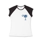 Blue Polka Dots South Cackalacky Deluxe Girls Cap Sleeve T-Shirt feature the polka dot South Carolina palmetto moon logo in blue on the back and a smaller, matching palmetto moon on the front.