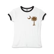 A chocolate brown palmetto and crescent moon. The palmetto is a symbol of South Carolina pride. Buy the chocolate brown palmetto moon printed in the pocket area of a t-shirt, sweatshirt, or other apparel item.