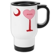A Candy Heart Palmetto Moon for an Angel! Perfect for Valentine's Day, it features a pink candy heart on the South Carolina Palmetto Moon with Angel.