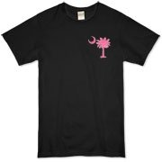 The pink palmetto and crescent moon pocket print design is a symbol of South Carolina pride. Buy pink palmetto t-shirts, sweatshirts or other clothing items with the palmetto moon printed on the pocket area.
