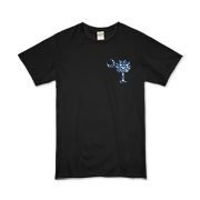 Blue Polka Dots South Cackalacky Deluxe Organic Kids T-Shirt feature the polka dot South Carolina palmetto moon logo in blue on the back and a smaller, matching palmetto moon on the front.