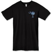 Blue Polka Dots South Cackalacky Deluxe American Apparel T-Shirt feature the polka dot South Carolina palmetto moon logo in blue on the back and a smaller, matching palmetto moon on the front.