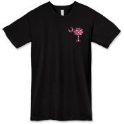 Garnet and Black Polka Dots South Cackalacky Deluxe American Apparel T-Shirt feature the polka dot South Carolina palmetto moon logo in garnet and black on the back and a smaller, matching palmetto moon on the front.