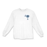 Blue Polka Dots South Cackalacky Deluxe Kids Long Sleeve T-Shirt feature the polka dot South Carolina palmetto moon logo in blue on the back and a smaller, matching palmetto moon on the front.