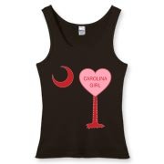 A Candy Heart Palmetto Moon Women's Fitted Tank Top for a Carolina Girl! Perfect for Valentine's Day, it features a pink candy heart on the South Carolina Palmetto Moon with Carolina Girl.