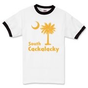 Yellow South Cackalacky Palmetto Moon Ringer T-Shirt features the South Carolina palmetto moon logo in yellow.