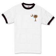 A chocolate brown palmetto and crescent moon. The palmetto is a symbol of South Carolina pride. Buy the chocolate brown palmetto moon printed in the pocket area of a t-shirt, sweatshirt, or other apparel item.