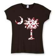 Buy a Red Heart Pattern Palmetto Moon Women's Fitted Baby Rib Tee for your sweetheart this Valentine's Day! Featuring the South Carolina Palmetto Moon with a red heart pattern in the background.