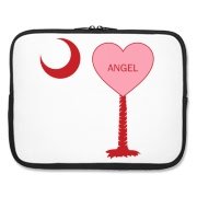 A Candy Heart Palmetto Moon Laptop Sleeve for an Angel! Perfect for Valentine's Day, it features a pink candy heart on the South Carolina Palmetto Moon with Angel.