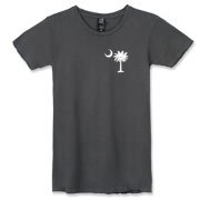Buy a White Carolina Girl Deluxe Alternative Apparel Women's Destroyed T-Shirt. This two-sided design features a small palmetto moon printed on the front left chest area and matching Carolina Girl palmetto design on the back. The palmetto moon is a symbol