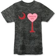 A Candy Heart Palmetto Moon Alternative Apparel Burnout T-Shirt 		 for a Carolina Girl! Perfect for Valentine's Day, it features a pink candy heart on the South Carolina Palmetto Moon with Carolina Girl.