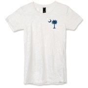 Buy a Blue Palmetto Moon Alternative Apparel Women's Burnout T-Shirt featuring a smaller palmetto printed on the left chest area. The palmetto moon is a symbol of South Carolina pride.