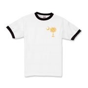 Yellow Polka Dots South Cackalacky Deluxe Kids Ringer T-Shirt feature the polka dot South Carolina palmetto moon logo in yellow on the back and a smaller, matching palmetto moon on the front.