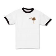 A chocolate brown palmetto and crescent moon. The palmetto is a symbol of South Carolina pride. Buy the chocolate brown palmetto moon printed in the pocket area of a t-shirt, sweatshirt, or other apparel item.
