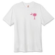 Buy a Pink Palmetto Moon Hanes Cool Dri T-shirt featuring a smaller palmetto printed on the left chest area. The palmetto moon is a symbol of South Carolina pride.