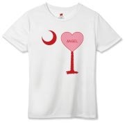 A Candy Heart Palmetto Moon Hanes Women's Cool Dri T-shirt for an Angel! Perfect for Valentine's Day, it features a pink candy heart on the South Carolina Palmetto Moon with Angel.