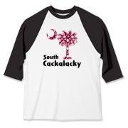 Garnet and Black Polka Dots South Cackalacky Palmetto Moon Baseball Jersey features a Polka Dot South Carolina palmetto moon logo in garnet.