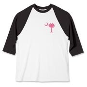 A pink palmetto and crescent moon. The palmetto is a symbol of South Carolina pride. Buy the pink palmetto moon printed in the pocket area of a t-shirt, sweatshirt, or other apparel item.