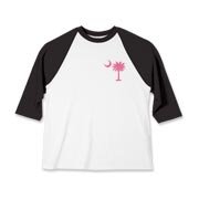 A pink palmetto and crescent moon. The palmetto is a symbol of South Carolina pride. Buy the pink palmetto moon printed in the pocket area of a t-shirt, sweatshirt, or other apparel item.