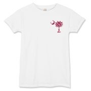 Garnet and Black Polka Dots South Cackalacky Deluxe Women's T-Shirt feature the polka dot South Carolina palmetto moon logo in garnet and black on the back and a smaller, matching palmetto moon on the front.