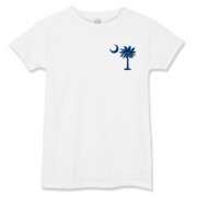 The deluxe Palmetto Moon Flag Women's T-Shirt features a small palmetto moon in the front pocket area and the South Carolina Flag design on the back.